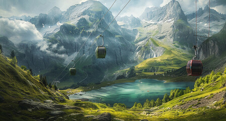 Scenic Gondolas Over Mountain Lake in Swiss Alps - obrazy, fototapety, plakaty