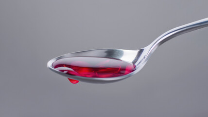Cough syrup was poured into an aluminum spoon against a gray background.