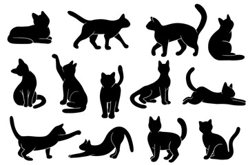 Cats silhouettes set. Cats in different poses. Vector illustration EPS10