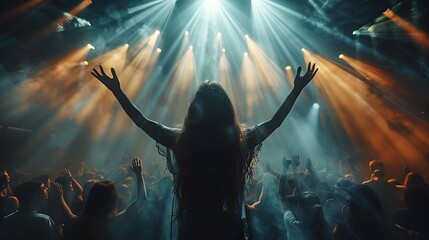 a woman is standing in front of a crowd at a concert with her arms in the air