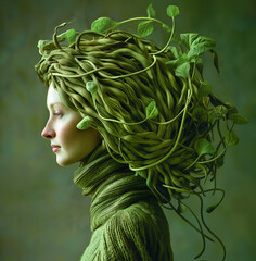 Profile of a woman with string beans and leaves as hair in an artistic nature-inspired portrait - obrazy, fototapety, plakaty