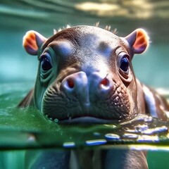 cute baby hippopotamus in water 