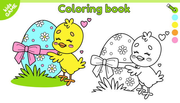Page of kids Easter coloring book with cartoon chick. Small chicken hugs the easter egg decorated with ribbon and bow. Color the outline picture. Vector design on spring holiday theme for children.