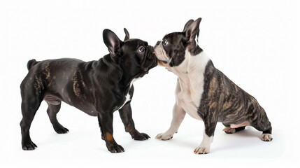Two french bulldogs playing on a white background