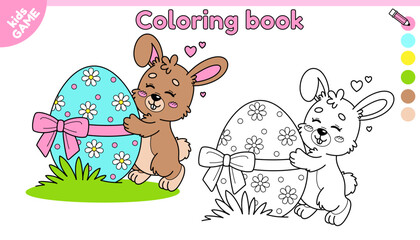 Page of kids Easter coloring book with cartoon rabbit. Happy hare hugs the easter egg decorated with ribbon and bow. Color the outline picture. Vector illustration on spring holiday theme for children