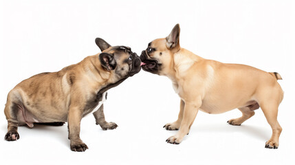 Two cute playful French Bulldogs puppy, playing with each other on a white background