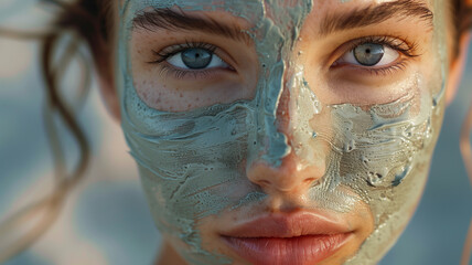 close-up of a young woman's face with a green clay mask applied