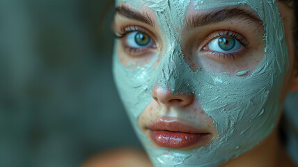 Obraz premium close-up of a young woman's face with a green clay mask applied