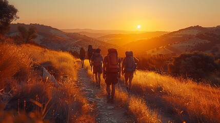 a group of people with backpacks are walking down a path at sunset - obrazy, fototapety, plakaty