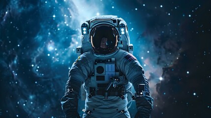 Astronaut floating in space surrounded by glowing stars and deep darkness. Concept Space Photography, Astronaut Portrait, Cosmic Exploration, Starry Universe, Deep Space Spirit - obrazy, fototapety, plakaty