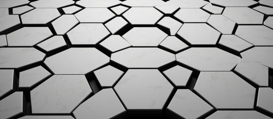 This black and white photo showcases a pattern of hexagonal tiles, creating a unique and modern design for floors or walls. The geometric shapes add a touch of contemporary style to any space.