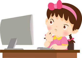 cute child sitting use computer to study