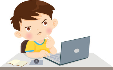 cute child sitting use computer to study