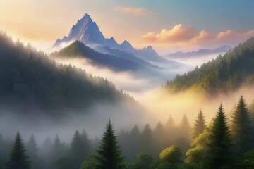 Beautiful landscape with fog in the mountains and forest. Natural background. Early morning mist