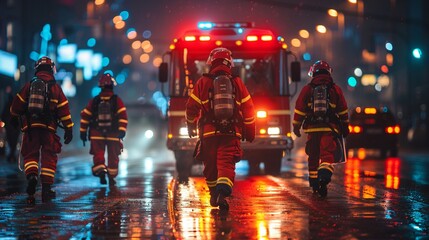 A group of firefighters walk down a dark street in front of a fire truck - obrazy, fototapety, plakaty