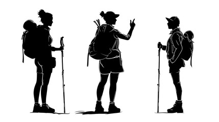 Minimalist Traveler Silhouette: A Flat Illustration Featuring a Tourist Carrying a Backpack and Walking Stick, Presented in Black on a Transparent PNG, Set Against a White Background.