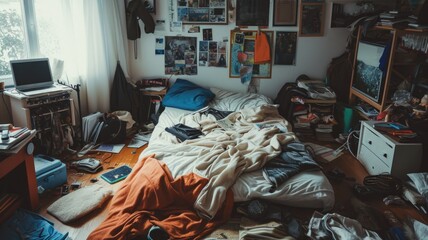 untidy bedroom filled with a mix of personal items, clothing, and technology, creating a lived-in...