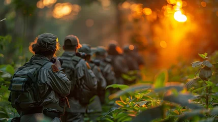 Foto op Aluminium A squad of soldiers in military camouflage walking through lush green forest © yuchen