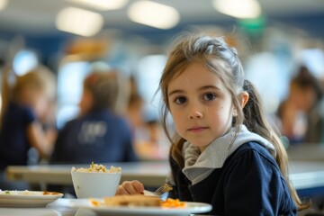 Young girl schoolgirl having lunch in the school canteen