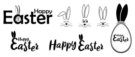 Happy Easter, greeting inscriptions with a rabbit's face and ears in black. Three rabbit's muzzles, the rabbit is sleeping. Vector Easter inscriptions with a rabbit's face. Egg-shaped frame with ears.