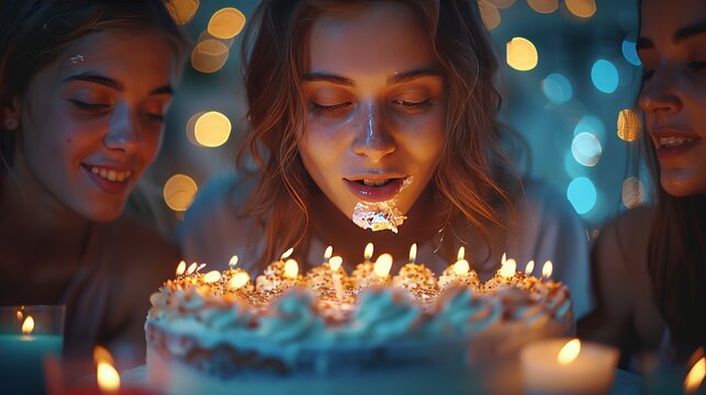 A woman is sharing a fun and happy moment blowing out candles on a birthday cake