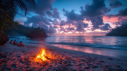 a group of people are sitting around a campfire on the beach at sunset
