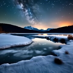 sunrise over the lake with milky way on the sky beautiful view in winter