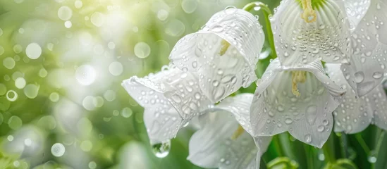 Poster A cluster of white bellflowers covered in glistening water droplets, showcasing the beauty of nature in a garden setting during springtime. The delicate petals hold onto the droplets, creating a © Emin
