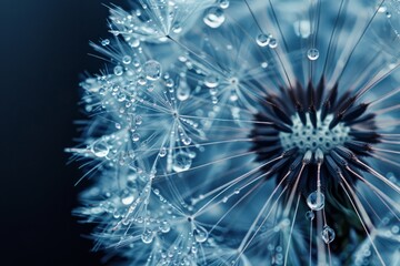 dandelion with water drops up close and in the blue water Generative AI