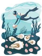 Tropical Pearl Diver Surfacing with Oysters Generative AI