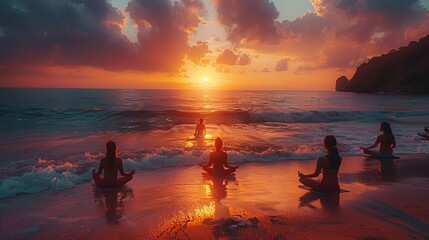 a group of people are sitting in a lotus position on the beach at sunset