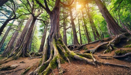 n ancient mystical forest with tall twisted trees background