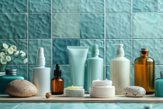 Facial wellness routines skin care cream. Skincare treatment products: unna thost disease lotion, skincare mattifying cream gel, oil, pipette with sunscreen serum and reenergizing jar pot