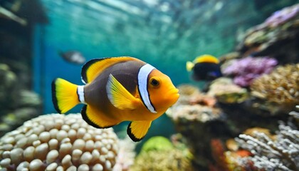 Fototapeta na wymiar clown triggerfish swimming in aquarium clownfish or balistoides conspicillum tropical fish side view