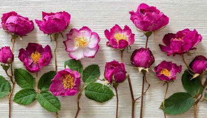 rosa rugosa rugosa rose beach rose japanese rose ramanas rose herbarium from dried blossoming flower arranged in a row