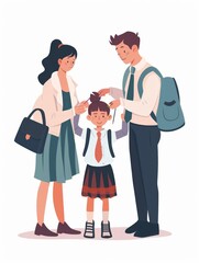 Parents Helping Child with First Day of School Outfit on White Background Generative AI