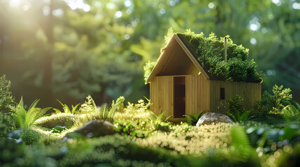 Fototapeta na wymiar House model, green bokeh background, real estate concept