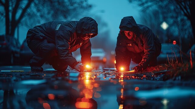 two men are kneeling in a puddle of water with lights on
