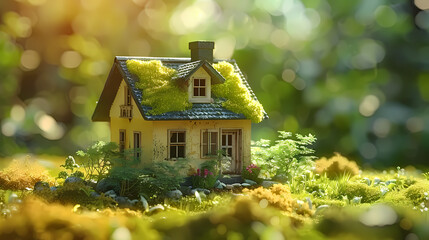 House model, green bokeh background, real estate concept