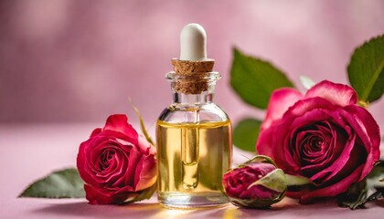 Obraz na płótnie Canvas rose essential oil on a pink background with flowers 2