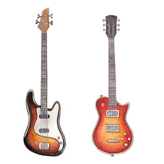 Obraz premium Set of electric guitar and bass guitar. Watercolor hand drawn illustration of an electric guitar. Clipart on a white background. Rock, blues, jazz, pop and other musical styles.