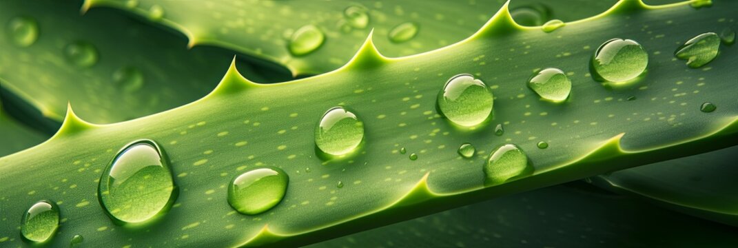 A close up of a green aloe vera plant with water drops on the leaves, displaying beautiful macro photography of this terrestrial houseplant, cosmetic concept, banner