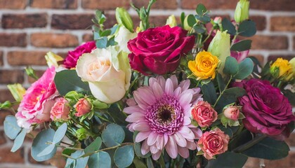 colorful bouquet of different fresh flowers against brick wall bunch of orchids roses freesia and eucalyptus leaves rustic flower background