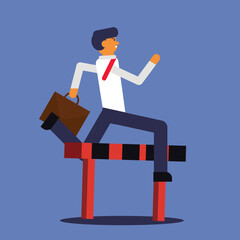 Vector illustration of a businessman running and jumping over hurdles, depicting a businessman overcoming challenges and difficulties