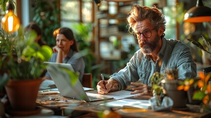 A man sitting at a table with a laptop and writing on a piece of paper - obrazy, fototapety, plakaty