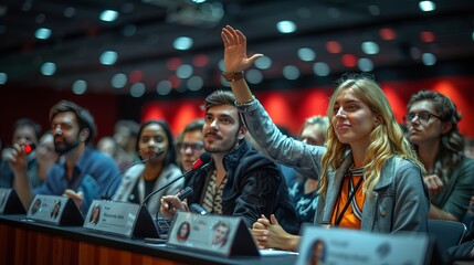 A crowd of fans with hands up at an entertainment event - obrazy, fototapety, plakaty