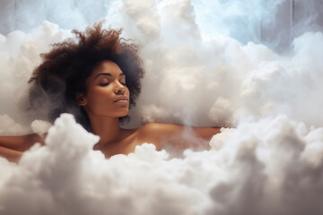 Young attractive sleepy Afro-American woman with closed eyes relaxing in clouds like in bath foam. Concept of spa, relaxing in white soft white clouds. Dreaming, calm, harmony, mental health concept