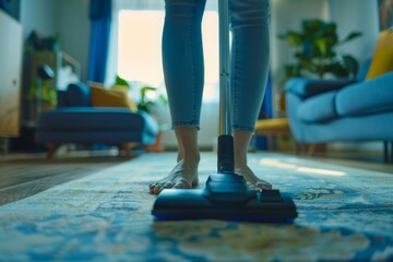A detailed shot capturing the lower half of a person using a vacuum cleaner on an ornate rug in a sunny room