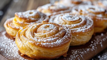 close-up of a delectable cinnamon pastry sprinkled with powdered sugar, resting on a wooden surface with a warm, inviting ambiance.
