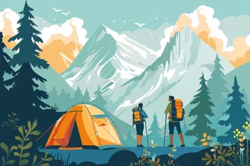 Tuinposter  illustration of wilderness survival. Outdoor camping with smart people concept © Suhaidi